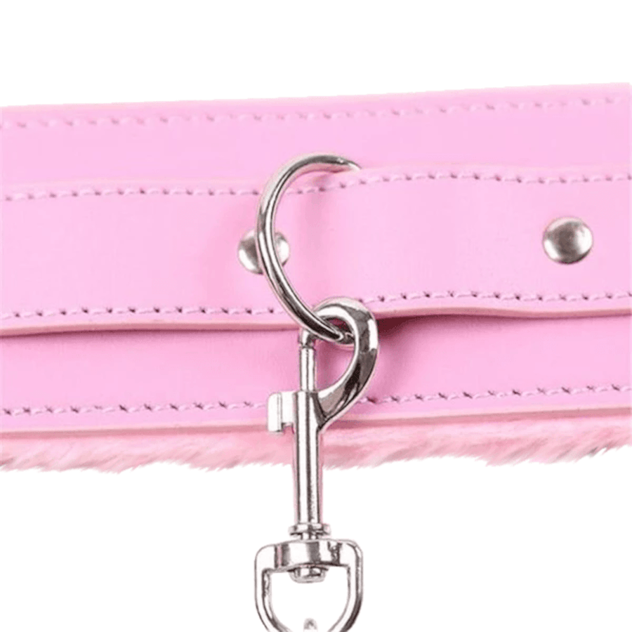 Fluffy Pink Leather Collar With Leash