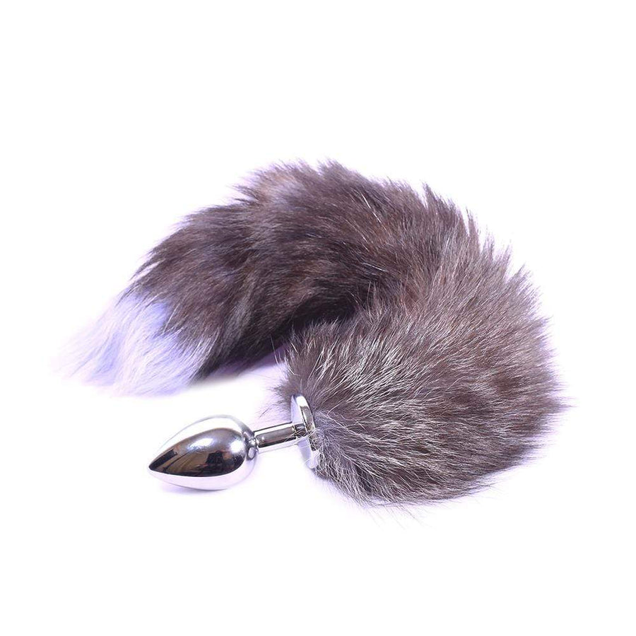 Grey Fox Tail With Plug Shaped Metal Tip, 3 Sizes
