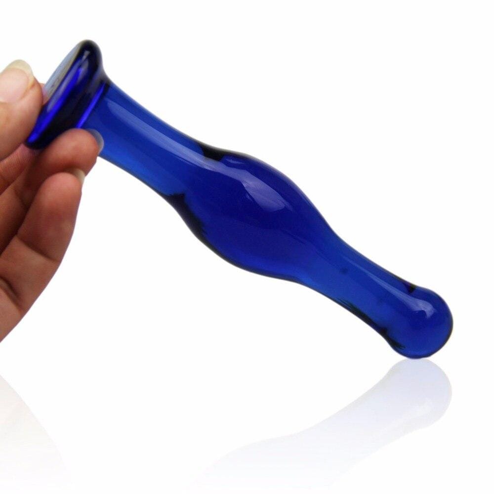 Blue Curvy Glass Plug Dildo