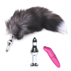 15" Dark Fox Tail with Veteran Style Plug and Extra Vibrator